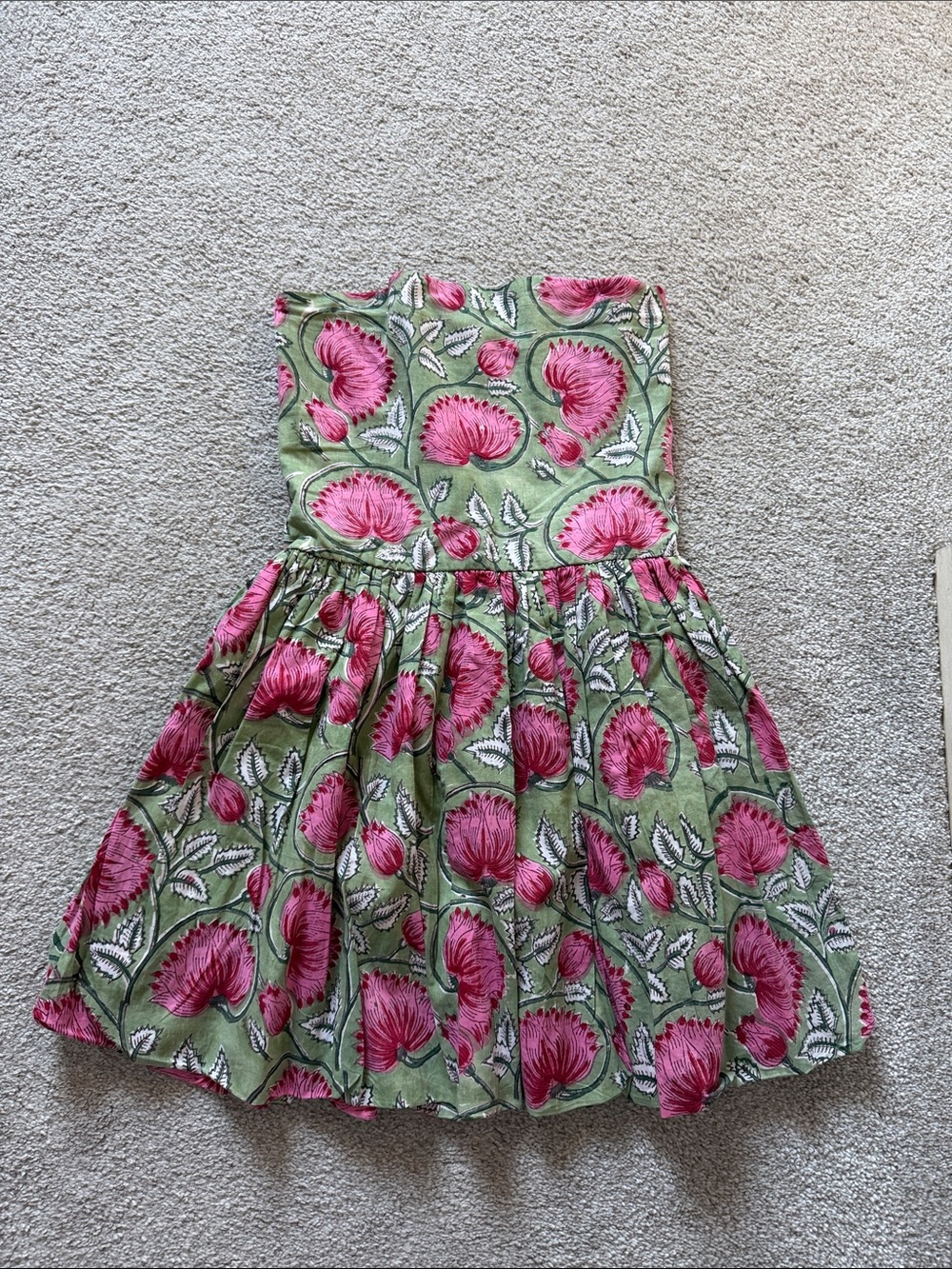 Floral Strapless Dress in Green and Pink